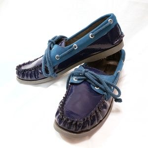 Two tone blue loafer boat shoes